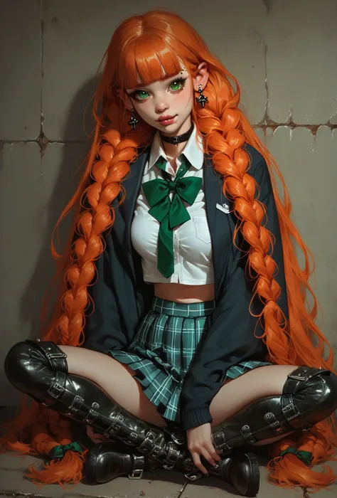 Cute adult orange hair, extremely long hair, blunt bangs, very long hair, ankle-length hair tied in braids, bobcut hairstyle, eyebrow piercing, cute face, innocent face, green eyes, multiple earrings, goth style, punk style, slender teen, medium breasts, s...