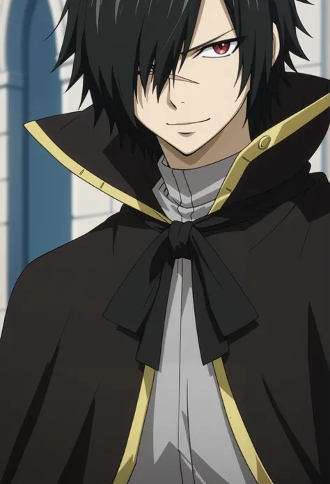 score_9, score_8_up, score_7_up, official art style, intricate details, anime screencap, depth of field, 1boy, solo, male focus, rogue_cheney, black hair, red eyes, , hair over one eye, scar, close-up, a dark and elegant outfit, consisting of a long black ...