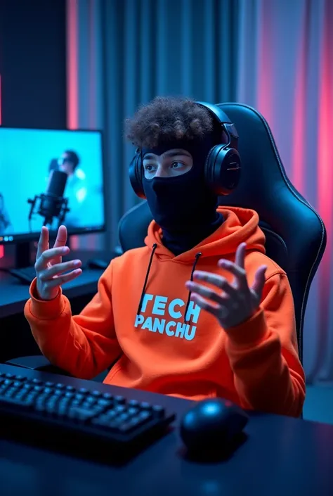 Prompt:
A young tech YouTuber wearing a black mask, sitting in a gaming chair, explaining something with expressive hand gestures. He is wearing a bright-colored hoodie with a different technology-related text instead of "TECH PANCHU." The background featu...