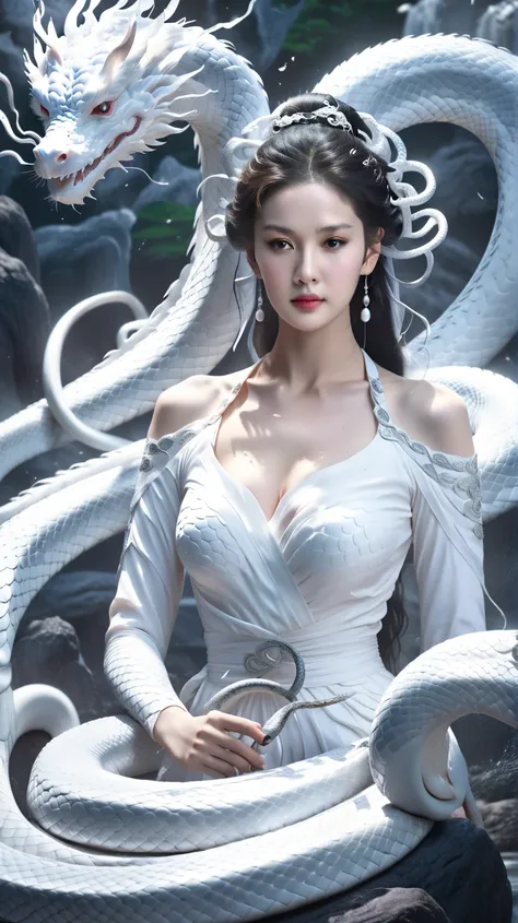 do,  top quality,  Actual , Movie,  Detailed facial , 8k,  super high res,  Clear Focus Cinematography  ,  top quality,   super detailed  , 8k,  Mystery,White snake and Beautiful woman,Great white snake,dragon,Asia, white and flawless skin , Beautiful 、god...