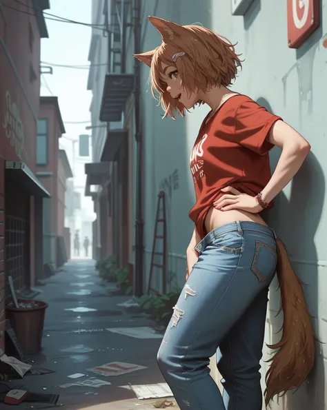 racoon dog girl , loose , sloppy , messy , (Jeans pull)  , In the back alley , side view , bend over , hands on hip