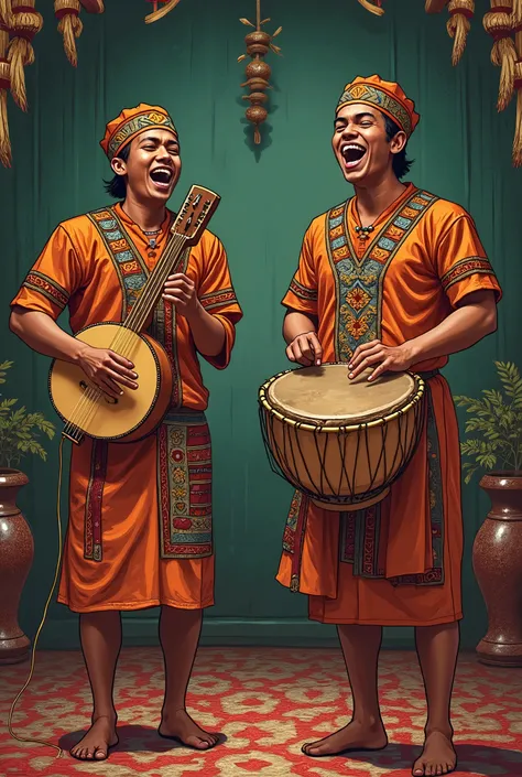 illustration for the cover of the book entitled ORAL TRADITION KABHATI GAMBUSU PADA MUNA SOCIETY (LEGACY STUDY ) Pictured are two men who are singing and playing traditional musical instruments. They are wearing colorful traditional clothing with stripes m...