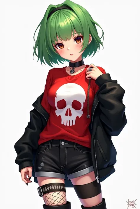 anime young adult female, short green hair, nose ring, brown eyes, red shirt with a white skull in the middle, black jacket, black denim shorts, fishnet stockings, goth punk boots, black manicure