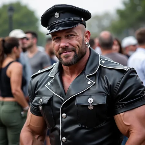 This is a high-resolution photograph featuring a hot, sexy, gorgeous middle aged man with an exceptionally muscular large physique, showcasing extremely exaggerated muscles, especially in his arms, legs and chest man with a shaved head and a full beard. He...