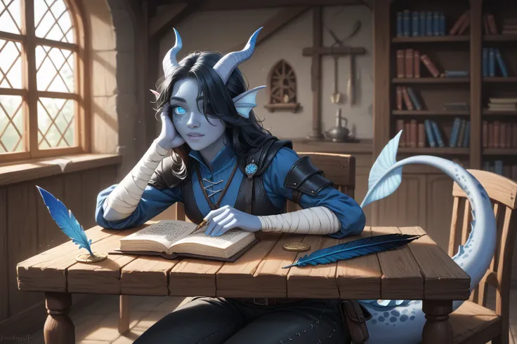 (cedar ), (1Тiefling ,  dark blue-gray skin :1.7), (35 years old:1.5), ( adult girl:1.3), (black hair covers her right eye :1.3), ( sits at the table and writes an old book with a blue and black quill-pen:1.4), ( leaned over the book and looks at the book ...