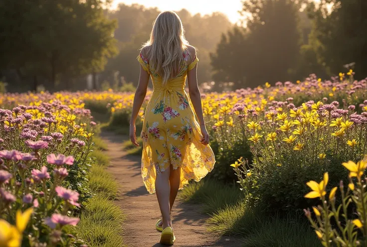 gorgeous woman (sexy venera, age 20, long silky blonde hair, sheer yellow summer dress with flower print, ni underwear, yellow flip flop), she is wandering through a lavish flower garden, flirting at sunset