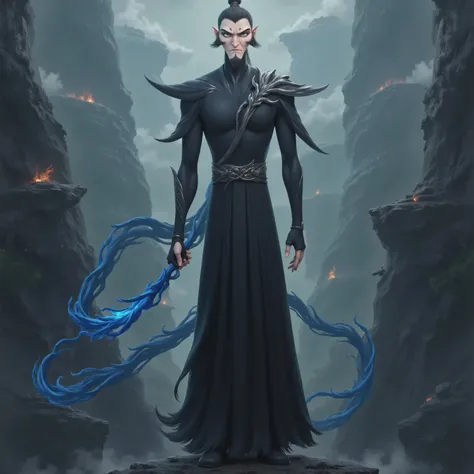 ( masterpiece, top quality:1.2), Game anime characters, alone,beard, Black Robe ,slim。Holding a blue whip in his hand。Kung Fu Action ,flame,cliff,Ominous clouds,Grand scene,Large game scene