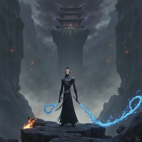 ( masterpiece, top quality:1.2), Game anime characters, alone,beard, Black Robe ,slim。Holding a blue whip in his hand。Kung Fu Action ,flame,cliff,Ominous clouds,Grand scene,Large game scene