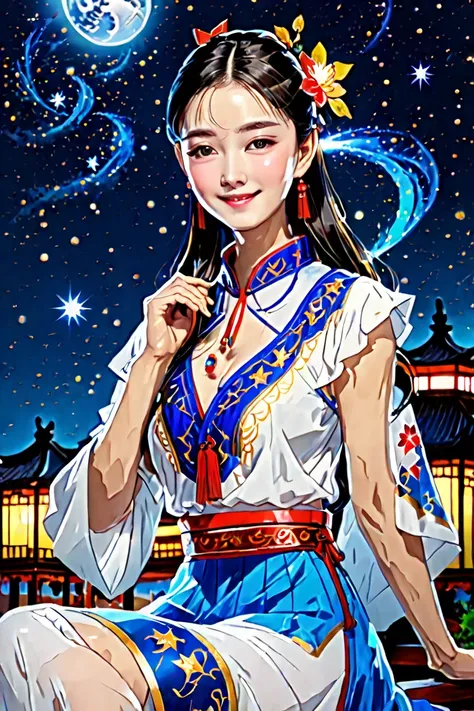 top quality, masterpiece: 1.2, detailed details, Flashing Hanfu Girl, beautiful young goddess, smile softly, She clasped her hands together, Pray and meditate, She is wearing a white dress, Stars twinkling in the blue night sky, you sit on a lotus, In a fa...