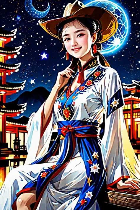 top quality, masterpiece: 1.2, detailed details, Flashing Hanfu Girl, beautiful young goddess, smile softly, She clasped her hands together, Pray and meditate, She is wearing a white dress, Stars twinkling in the blue night sky, you sit on a lotus, In a fa...