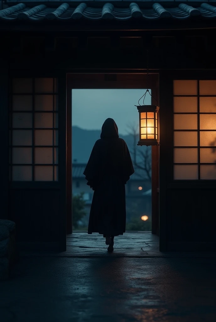 A mysterious figure sneaking through a traditional Japanese house's sliding paper door at night, with the dim glow of a lantern inside.