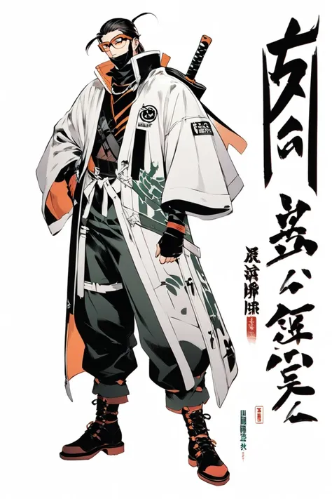  Cyberpunk Ninja Action Novel。A middle-aged male ninja。((white background illustration ))。(( full body illustration))。(( Standing))。 fearless smile 。Aukdaikan-style costume。Fashion glasses。