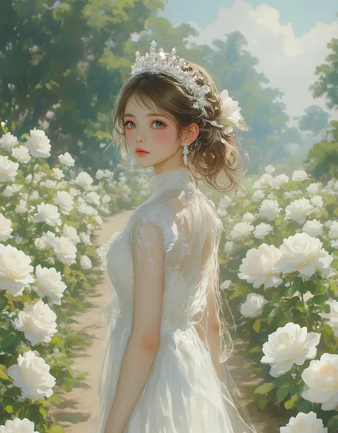 ( Masterpiece:1.2),(  top quality ),( very well detailed ),(  best illustrations),8k,,16k, wallpaper, Beautiful sweaty princess ,  tiara 、white gothic fashion dress  ,whole body,( is taking a walk along the path where countless white roses were blooming:2....