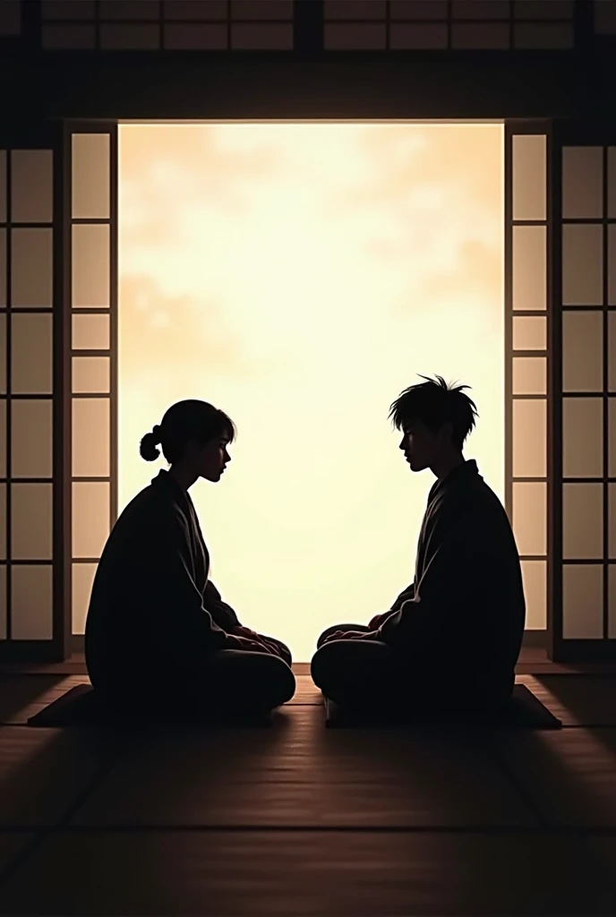 Two silhouettes of a man and woman sitting across from each other in a traditional Japanese room, with a feeling of mutual understanding and calmness.