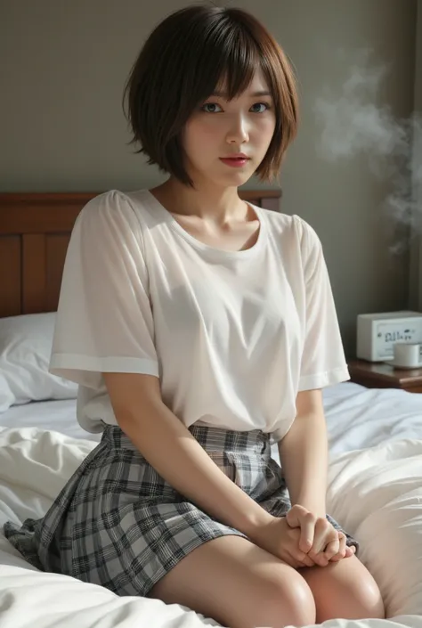  Japanese High School Girl Uniform、 white shirt、 open shirt、The length of the pleated skirt is very short、 plaid pleated skirt、Shoulders exposed、 drunk、 bed showing my armpits、lie down、 sleep on your back、 spread her arms、 spread legs、 high image quality、 ...