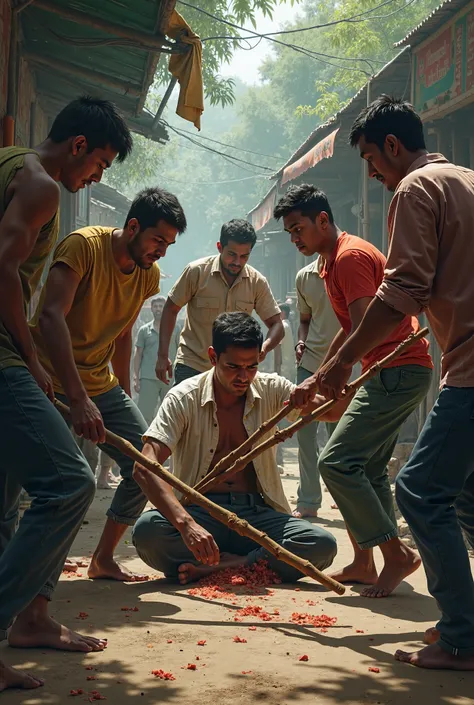 
A thirty-year-old boy sitting on the road next to a roadside tea shop is being beaten to death by five boys with sticks while people around him look on.