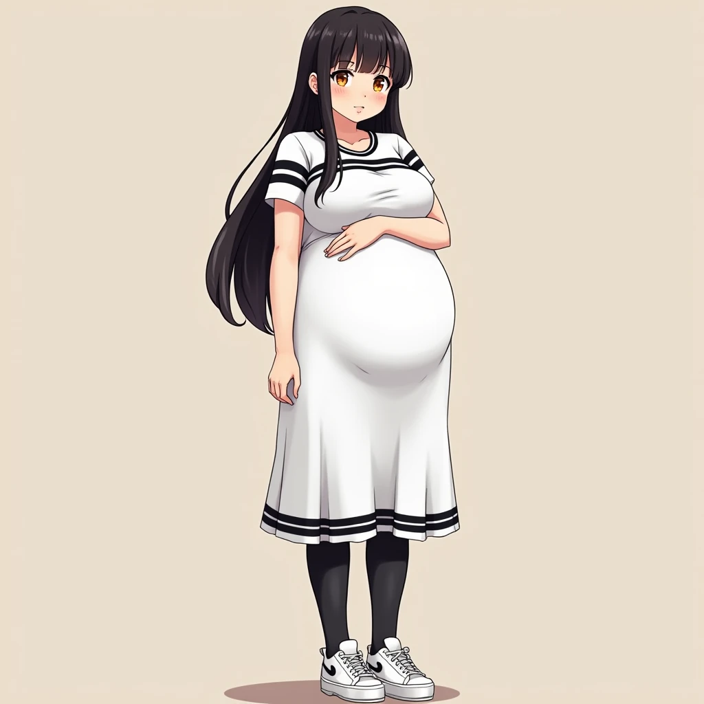 anime girl, long hair, black hair,big pregnant, orange eyes, pregnant girl with big belly, anime style, big breasts, pregnant girl with big belly, smile, black thin tights, long white dress with black stripes with short sleeves, big pregnant belly, big bre...