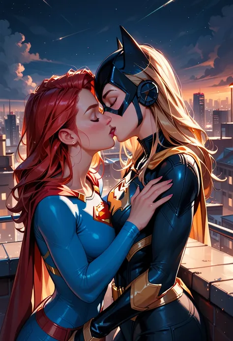 score_9, score_8_up, score_7_up, score_6_up, 2girls, Supergirl and Batgirl, yuri, girlfriends, lovers, kissing, city rooftop, night, cinematic lighting.