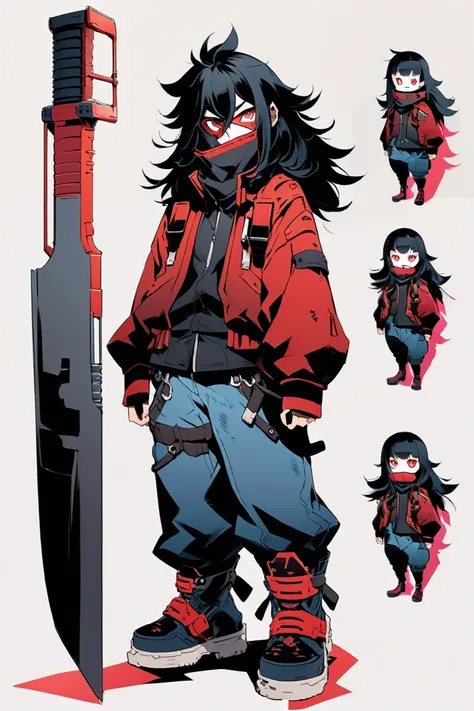  Cyberpunk Ninja Action Novel。 one middle-aged female ninja。((white background illustration ))。(( full body illustration))。(( Standing))。long black hair with shaggy hair。 long lashes。red rider jacket。 faded denim。boots with spurs 。Cyberpunk mask to hide yo...