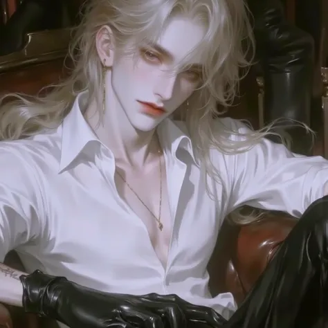  A 26-year-old young man with a handsome appearance, Blonde blonde, careless, chic, light lips, bad guy, mafia, handsome, long eyelashes, tattoos, pale white skin , Vintage hair ,  wearing a white shirt,  black pants ,  Sitting on Couch 