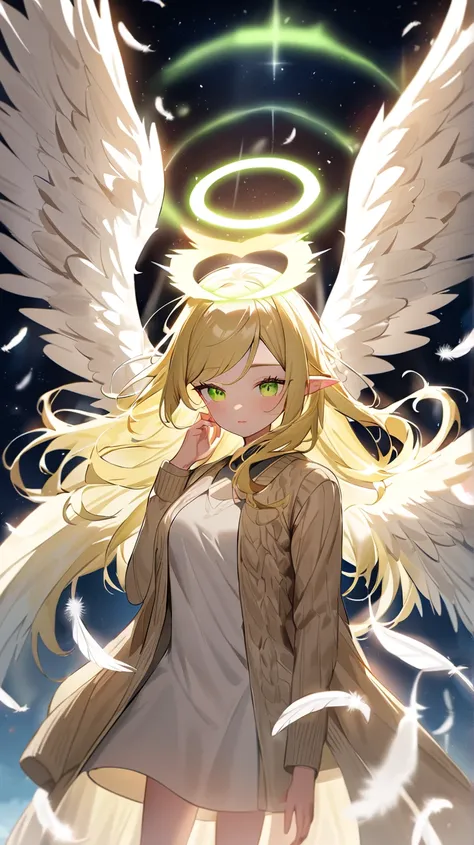 The blonde woman is angel. Her ears are wings on her head covered with white feathers.  She has a glowing halo above her head. she has a four huge white wings on her back. Her blond hair is laminated straight, with perfectly symmetrical flat straight bangs...