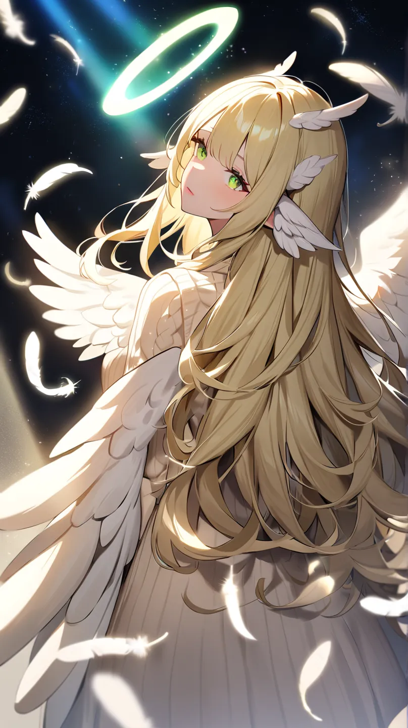 The blonde woman is angel. Her ears are wings on her head covered with white feathers.  She has a glowing halo above her head. she has a four huge white wings on her back. Her blond hair is laminated straight, with perfectly symmetrical flat straight bangs...