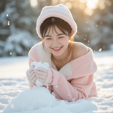 A charming 20-something cute sexy Japanese person enjoying a snowy day. They are dressed stylishly in warm colors such as soft pink and white, wearing a revealing yet cozy winter outfit that highlights their allure. They are playfully throwing snowballs, m...