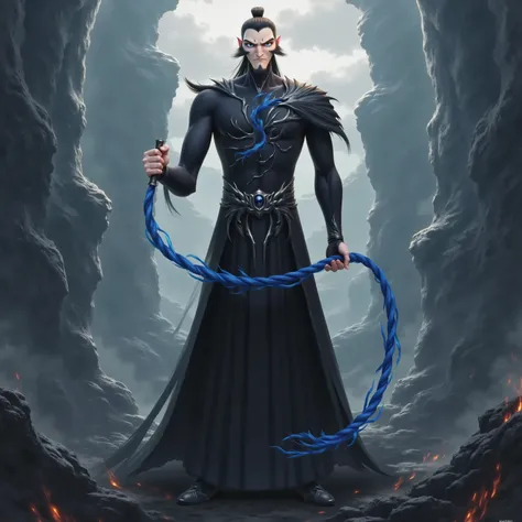 ( masterpiece, top quality:1.2), Game anime characters, alone,beard, Black Robe ,slim。Holding a blue whip in his hand。Kung Fu Action ,flame,cliff,Ominous clouds,Grand scene,Large game scene