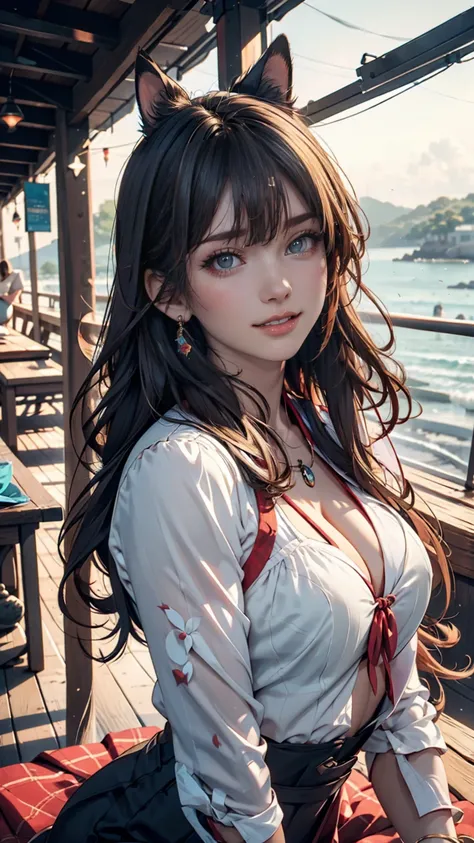  Masterpiece,  top quality, { top quality}, {{ Masterpiece}}, { Hi-Res}, concentrated,  anime style ,   woman from the top of a hill with a view of the ocean,  girl design,  portrait, Gisha,  Anime Illustration ,  long hair,   black hair,  straight eyes , ...