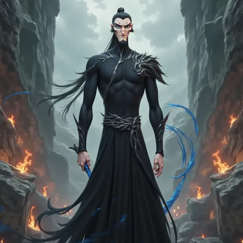 ( masterpiece, top quality:1.2), Game anime characters, alone,beard, Black Robe ,slim。Holding a blue whip in his hand。Kung Fu Action ,flame,cliff,Ominous clouds,Grand scene,Large game scene