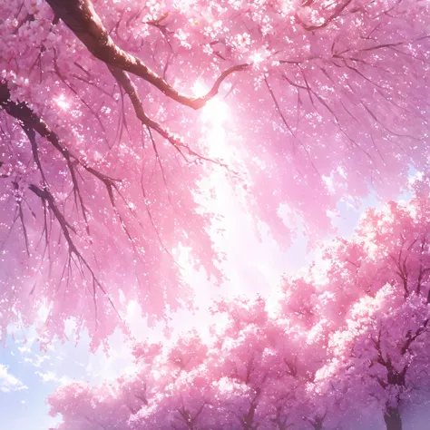 Top quality, composition looking up at a large cherry tree from below, cherry blossoms in full bloom, sunlight shining through the trees, realistic and realistic