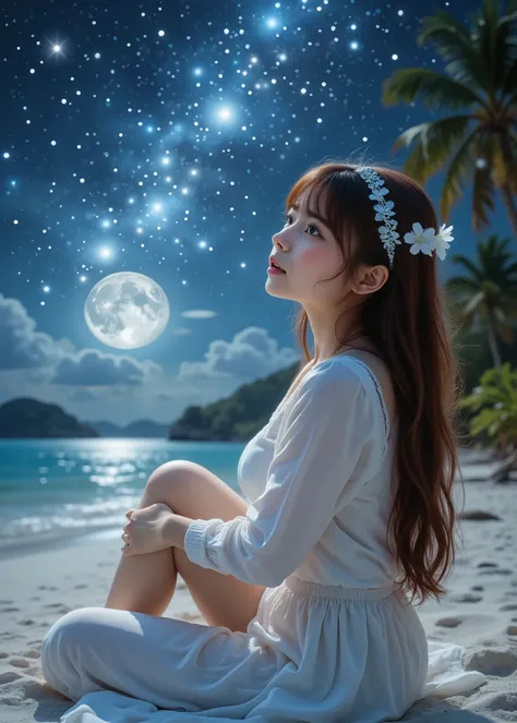 Realistic beautiful single girl 、 Maroon Straight Long Hair With Bangs、 clear white skin 、 Balanced Body 、 A Midsummer Night's Dream、 palm trees、 white sands of the calm sea where the moon sets 、I'm sitting on my lap on a sandy beach and staring at the sta...