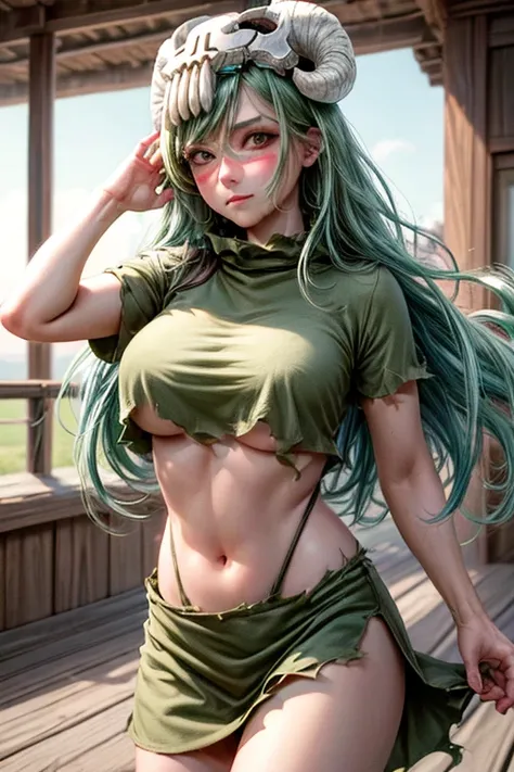 (masterpiece, best quality:1.2), cowboy shot, solo, 1girl, odelschwanck, expressionless, closed mouth, looking at viewer, hand in own hair, green hair, skull, torn clothes, underboob, skirt