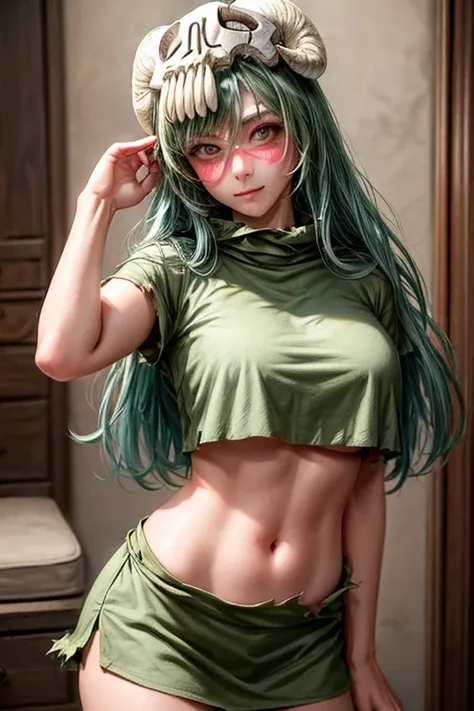 (masterpiece, best quality:1.2), cowboy shot, solo, 1girl, odelschwanck, expressionless, closed mouth, looking at viewer, hand in own hair, green hair, skull, torn clothes, underboob, skirt