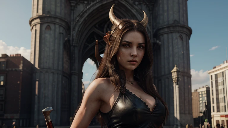 Beautiful girl, beautiful face, slender brunette with demonic horns on her head, holding a weapon in her right hand, a hammer, a huge hammer made of her blood. She stands against the backdrop of a beautiful city. High quality, 3d