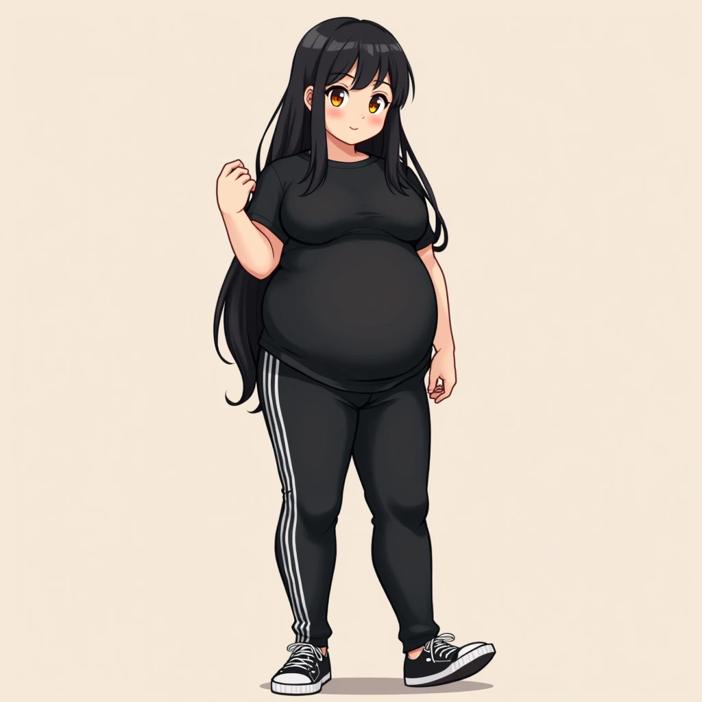 anime girl, long hair, black hair, orange eyes, black T-shirt with white stripes, black thin trousers with white stripes, black sneakers, anime style, big breasts, big-breasted girl with hyper-pregnancy, keep your finger on the pulse, big girl with belly, ...