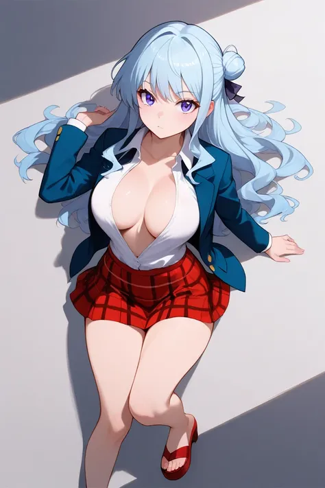 1girl, light blue long wavy hair, single hiar bun, red platform sandals, plunging necklines, large breasts, short, curvy, barefoot, BREAK school uniform, blazer, BREAK red plaid skirt, very short mini skirt, undone clothing, ager, breasts