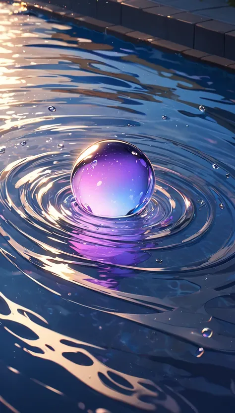 Create an ethereal scene of a large glowing droplet of light floating in the center of a pool, The droplet radiates a soft rainbow-colored glow casting faint light trails that cross the surface of the water, The poolside is dimly lit contrasting sharply wi...