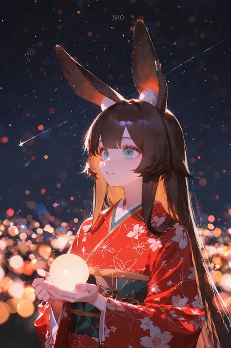 (ciloranko), reoen, sho \(sho lwlw\), ningen name, eonsang, nyantcha, ask \(askzy\), nyalia, 1girl, solo, female focus, lop-eared rabbit kemonomimi, hair over right eye, intricate kimono, night, stars, bokeh, masterpiece, best quality, amazing quality, ver...