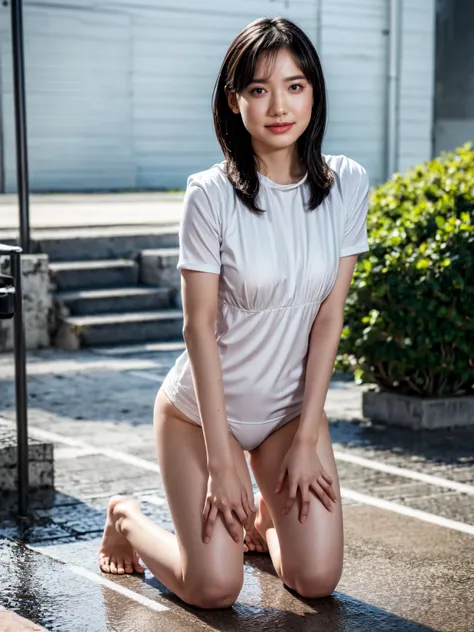   The asphalt ground is wet 、  there is a buildup of dirt mixed with gravel  、   woman kneeling in light white clothes,  skinny micro bikini、   ,     Masterpiece,    accurate,   anatomically   accurate on a stepladder,     high resolution model   ,     tex...