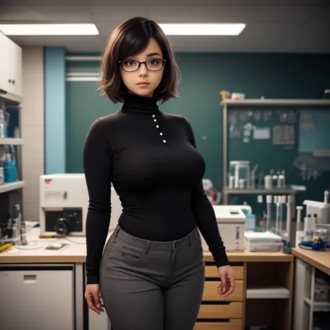 timid short petite cute chubby raven nyuugao Mexican nerdy emo teen, medium hair, cute detailed brown eyes, cutely detailed lips, cute highly detailed eyes and face, voluptuous breasts, thin thighs, long sleeve plain turtleneck polo tucked in black pants, ...