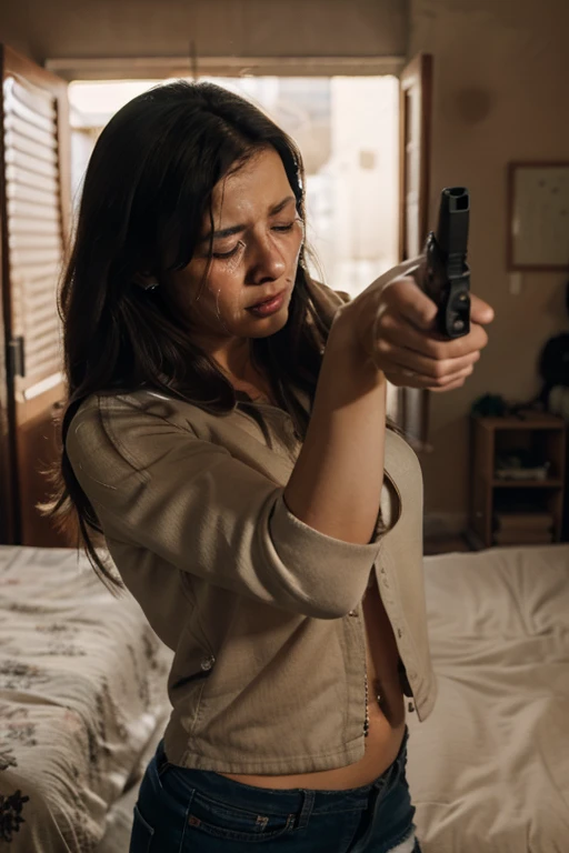 make a picture woman pointing gun while crying, clothes covered