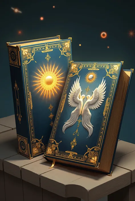 books， with golden sun and moon lines on the edge ， The front is two six-winged angels standing opposite each other，The reverse side is some kind of Holy Light Magic Array 。