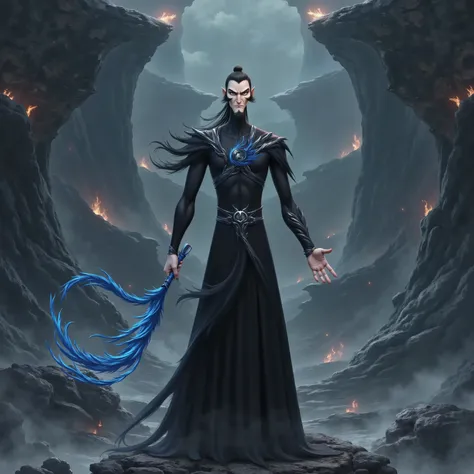 ( masterpiece, top quality:1.2), Game anime characters, alone,beard, Black Robe ,slim。Holding a blue whip in his hand。Kung Fu Action ,flame,cliff,Ominous clouds,Grand scene,Large game scene