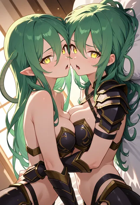 score_9, score_8_up, score_7_up, score_6_up, source_anime, snake hair, lamia, yellow eyes, slit pupils, BloodwrackMedusa , 2girl, duo, twins, lamia, monster girl, female, voluptuous, armor, big large breasts, natural breasts, pointy ears, inviting, looking...