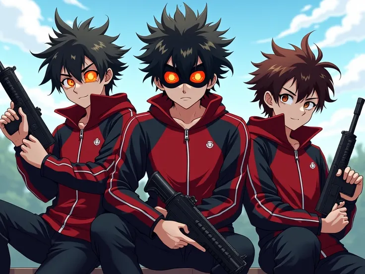 anime, 3 boys, gangster, Serious and wild face., uniforme de sport rouge et noir avec des masque Halloween yeux ecarlate stylé artificiel , tenant des armes, each of them has a different wild bristly hairdo and color,  hanging from the top roof of the scho...