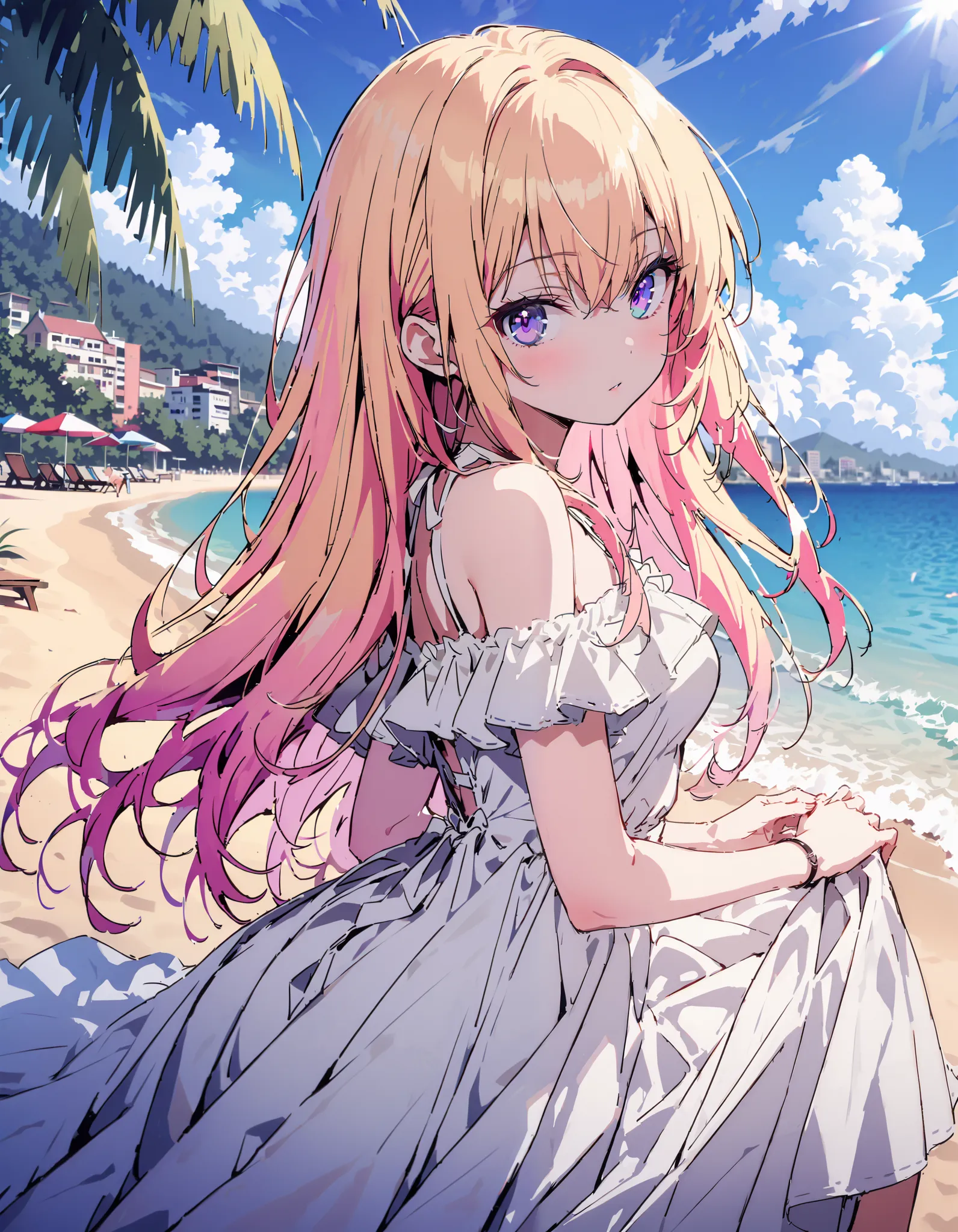  score_9,  score_8_ up the side,  score_7_ up the side,  source_Anime,
What is the name of honamiichinose , Ichinose Honami,  long hair,   blond hair left and right,   purple eyes,  straw hat, black off-shoulder dress, white long skirt, barefoot, in the su...