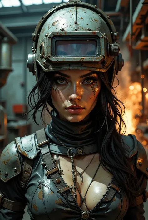 a sexy girl wearing a welding helmet, detailed facial features, intricate metallic textures, sparks and flames, industrial setting, dramatic lighting, cinematic composition, digital art, photorealistic, 8k, highly detailed