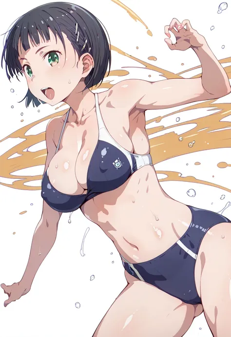 pt、 big breasts，Expressions that are not inappropriate， Feminine Body Line， ,sfw,sfw,sfw， Glossy Skin， Glossy Skin， Glossy Skin，Wave splash，Kinky Swimsuit，Thighs， shirtless,Ambiguous crotch,Active,sports，suguha、score_9, score_8_ up the side, score_7_ up th...