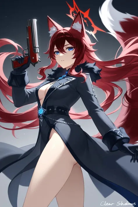  fox ears、dark red hair、 long hair、Fox Tail、midnight blue eyes、 best thighs、 Genshin、Feather、Halo、 beautiful skin、Clear shadows、front、 long coat.gun